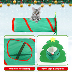 Cat Interactive Toys Christmas Tree Cat Tunnel Collapsible Cat Tunnel Xmas Cat Tube with Bell for Cats, Rabbits, Kitten,Bunnies