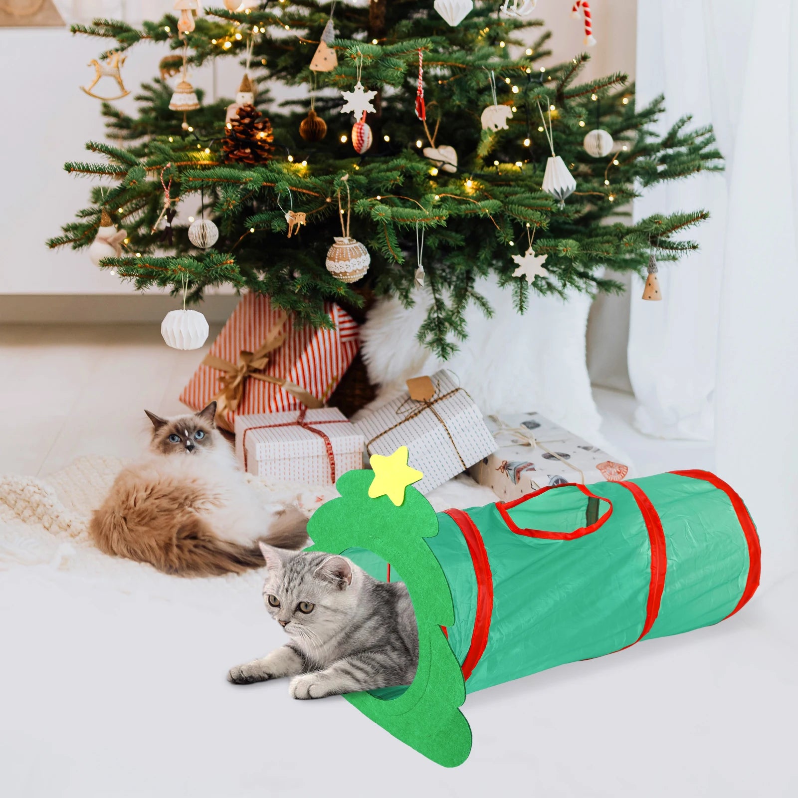Cat Interactive Toys Christmas Tree Cat Tunnel Collapsible Cat Tunnel Xmas Cat Tube with Bell for Cats, Rabbits, Kitten,Bunnies