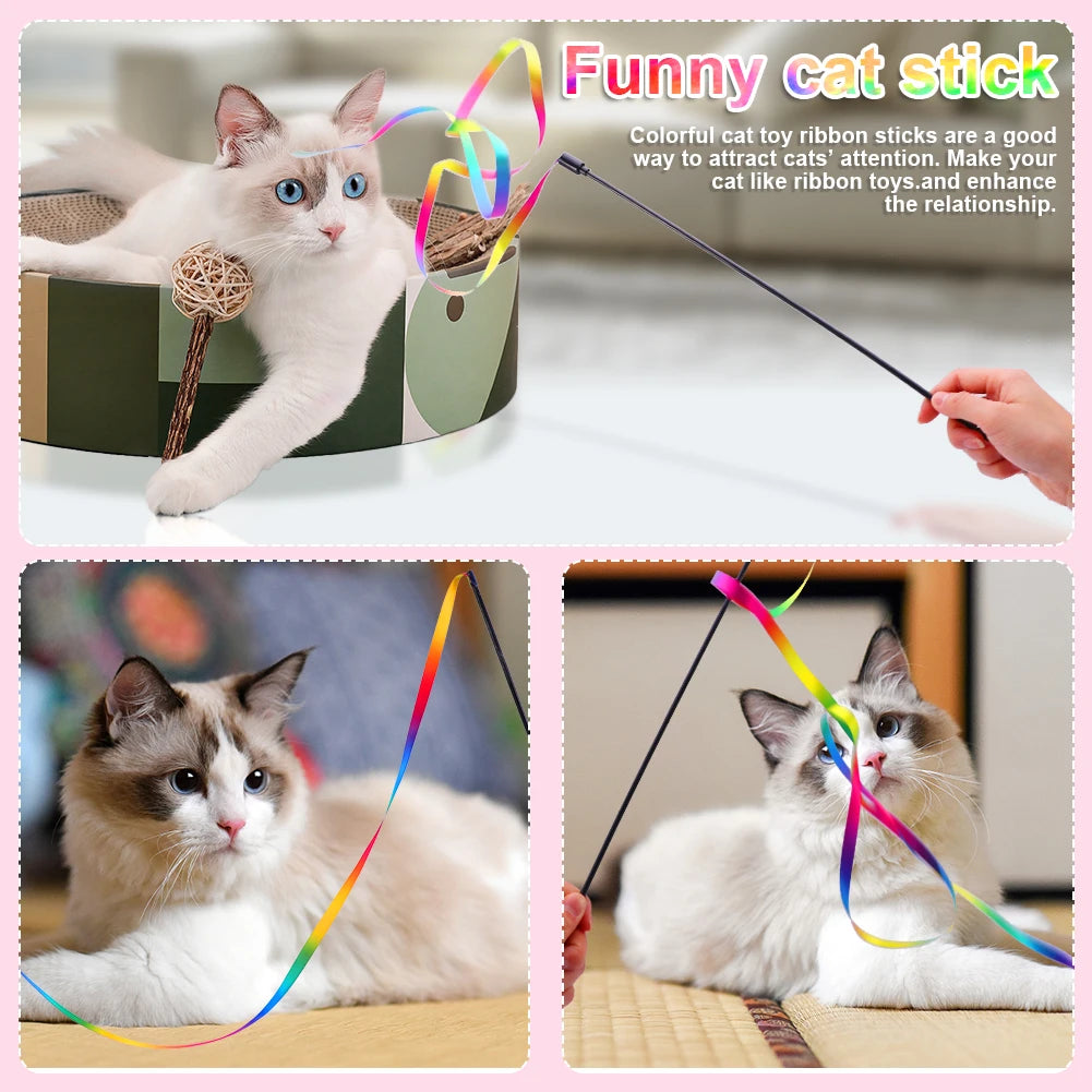 3pcs Teaser Toy Cat Wand Rainbow Ribbon Cat Fun Stick Interactive Indoor Healthy Exercise Funny Cat Rod Pet Supplies Kitten Toy
