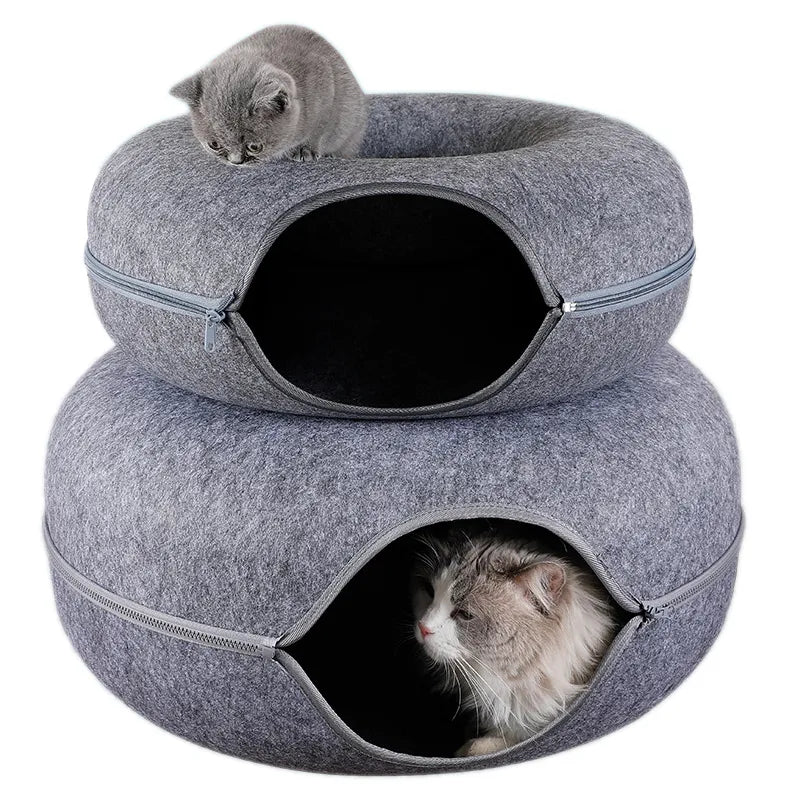 Donut Cat Tunnel Bed Pets House Natural Felt Pet Cat Cave Interactive Toys Round Wool Felt Pet Bed Cat Training Toy Cat House