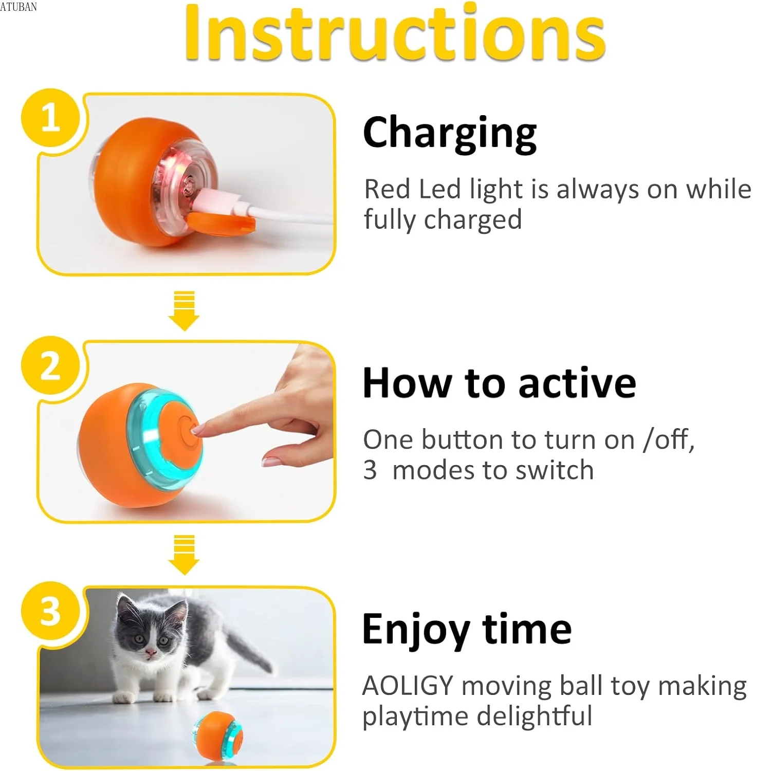 ATUBAN Moving Cat Toy Ball,Motion Activated Cat Toy for Indoor Cat,Interactive Cat Ball,Smart Cat Toy for Exercise Entertainment