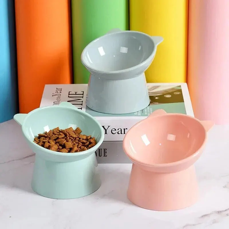 High-Stand Cat Bowl Slant Cartoon Neck Protection Anti-Overturn Pet Dog Food Bowl Cat Feeder Plastic Material Pet Tableware